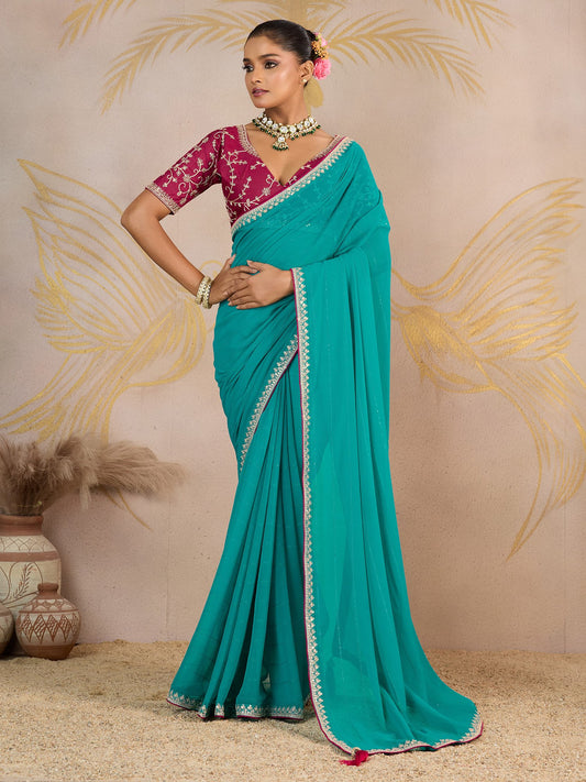 Blue Light Party Wear Georgette Embellished Saree