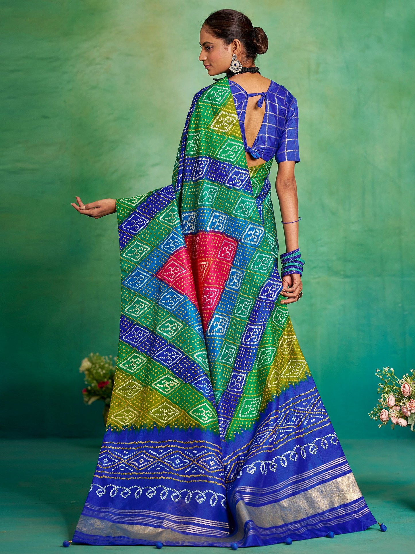 Multicolored Bandhani Tussar Silk Printed Saree
