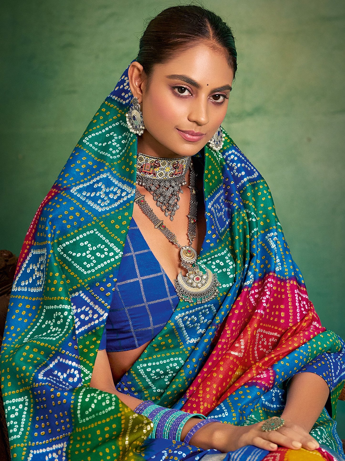 Multicolored Bandhani Tussar Silk Printed Saree