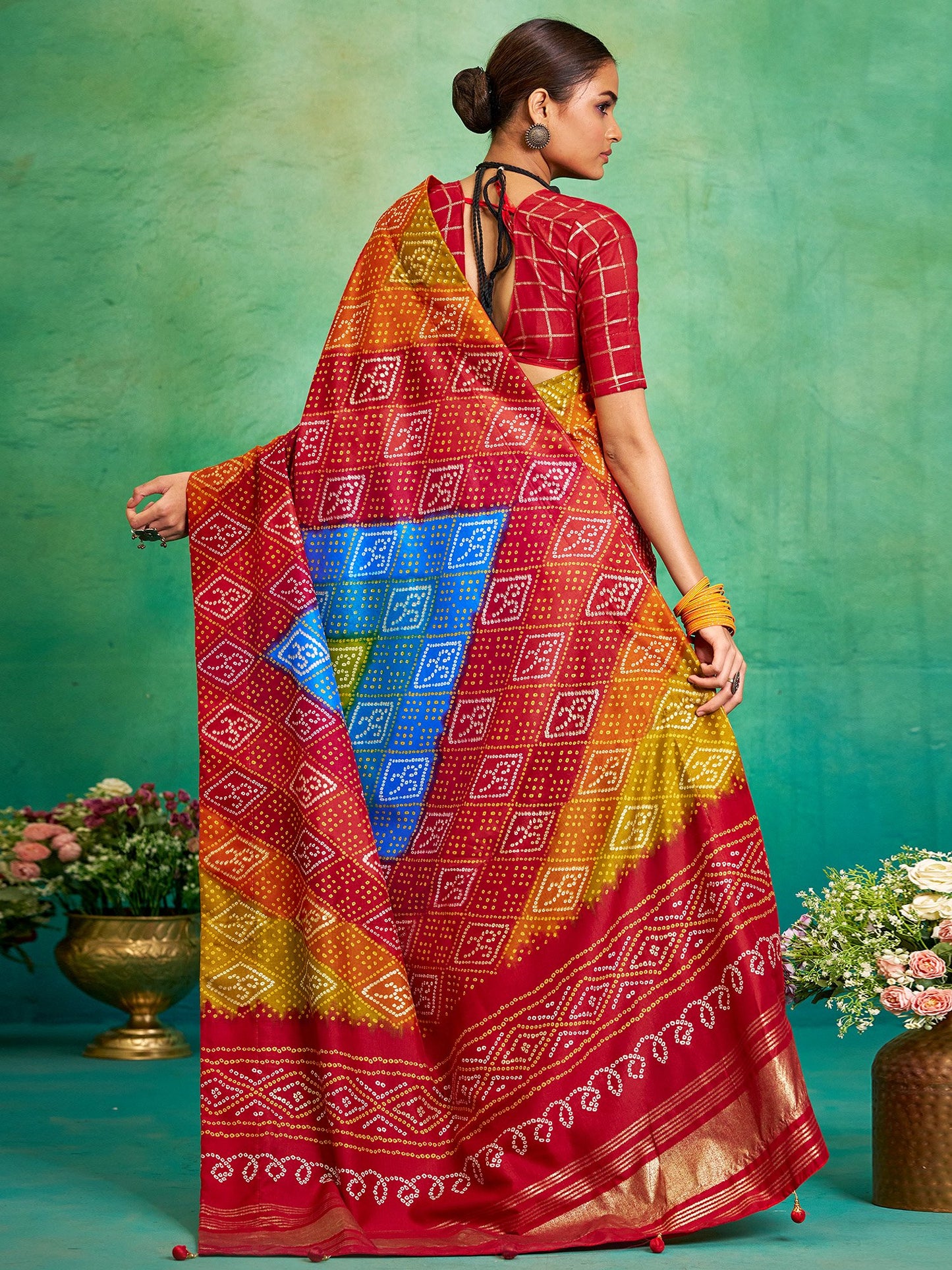 Multicolored Bandhani Tussar Silk Printed Saree