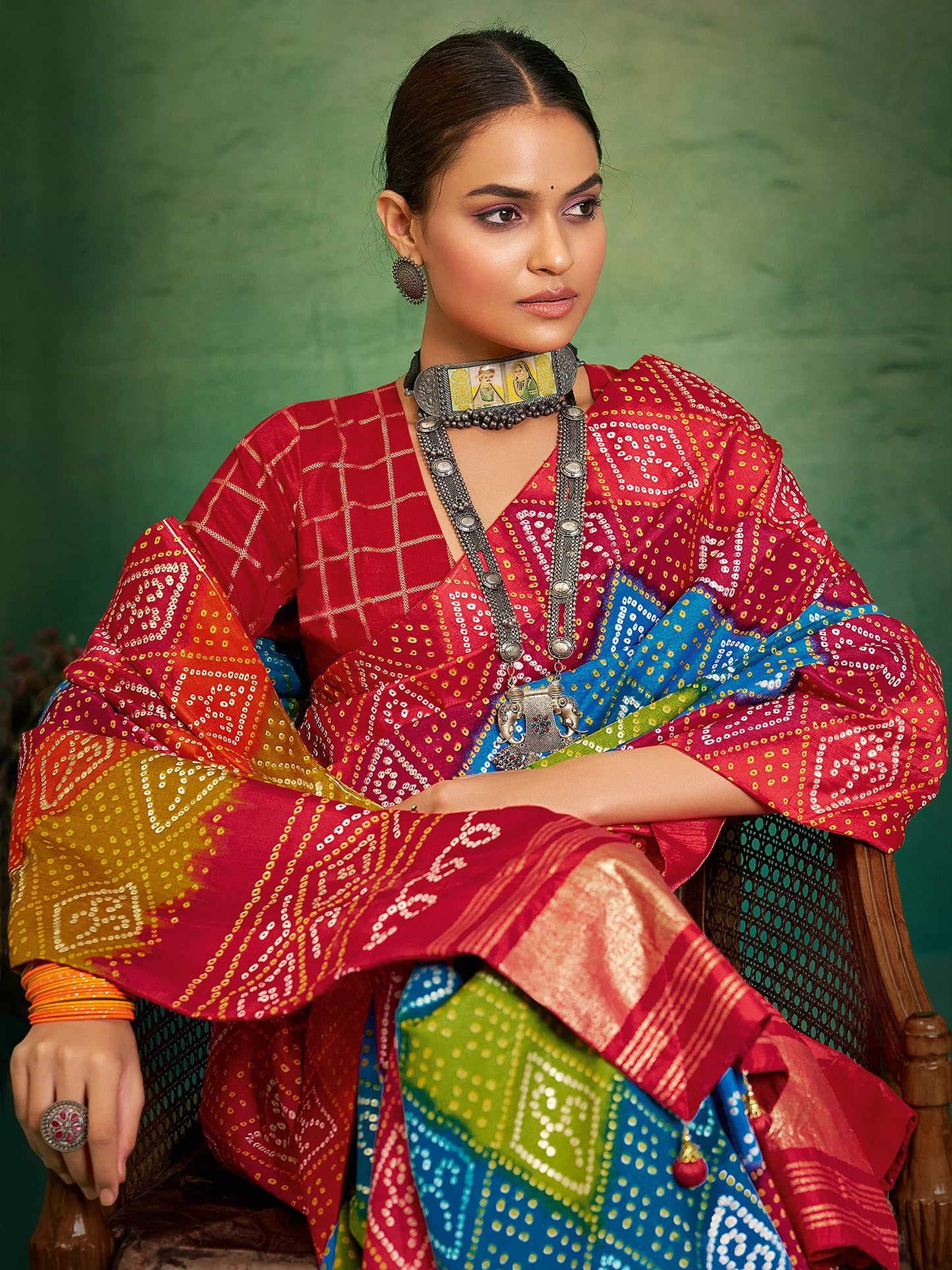 Multicolored Bandhani Tussar Silk Printed Saree