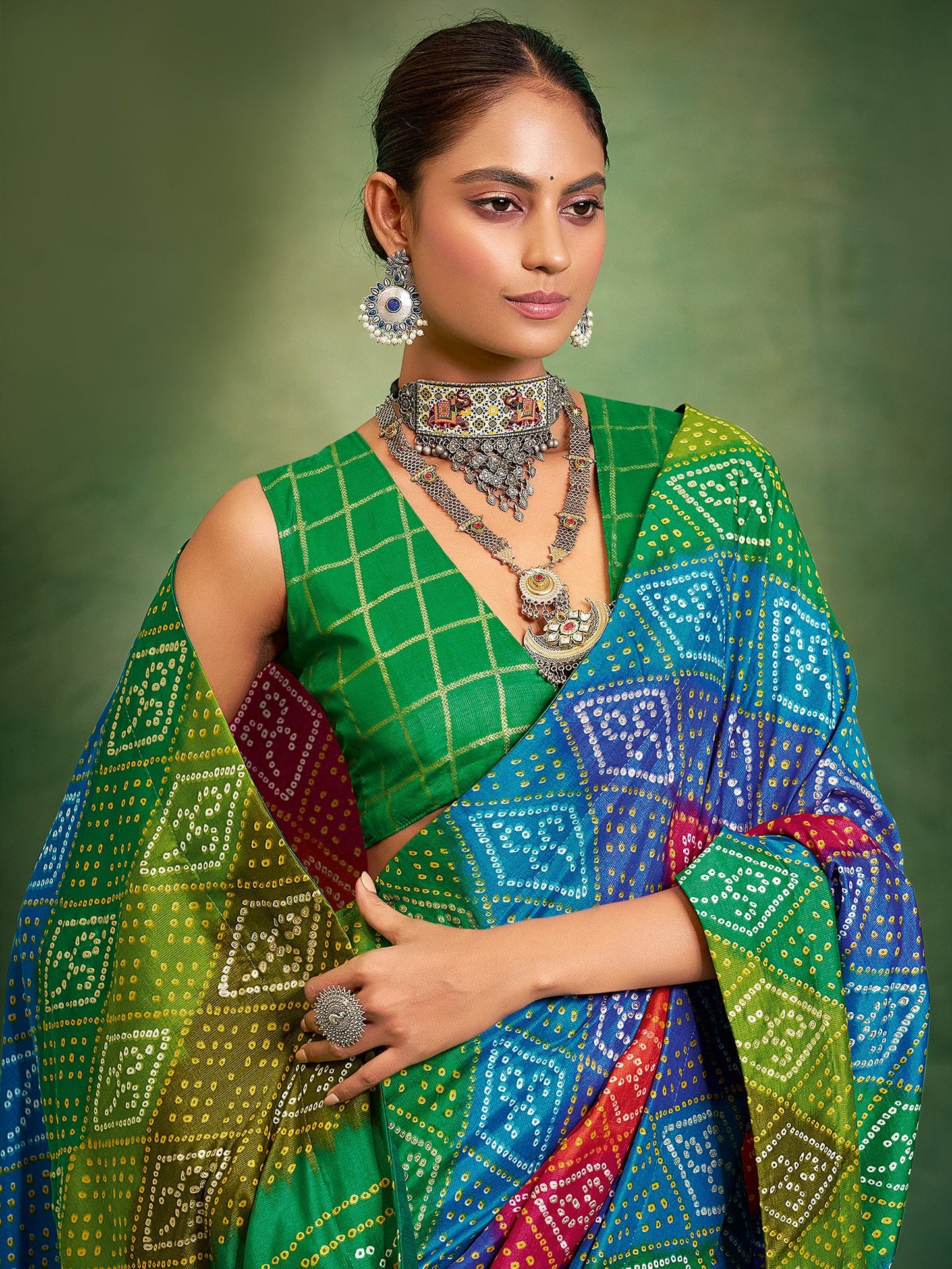 Multicolored Bandhani Tussar Silk Printed Saree