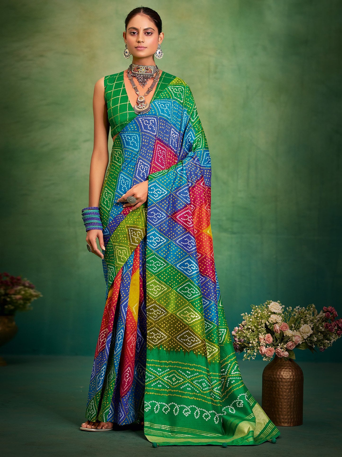 Multicolored Bandhani Tussar Silk Printed Saree