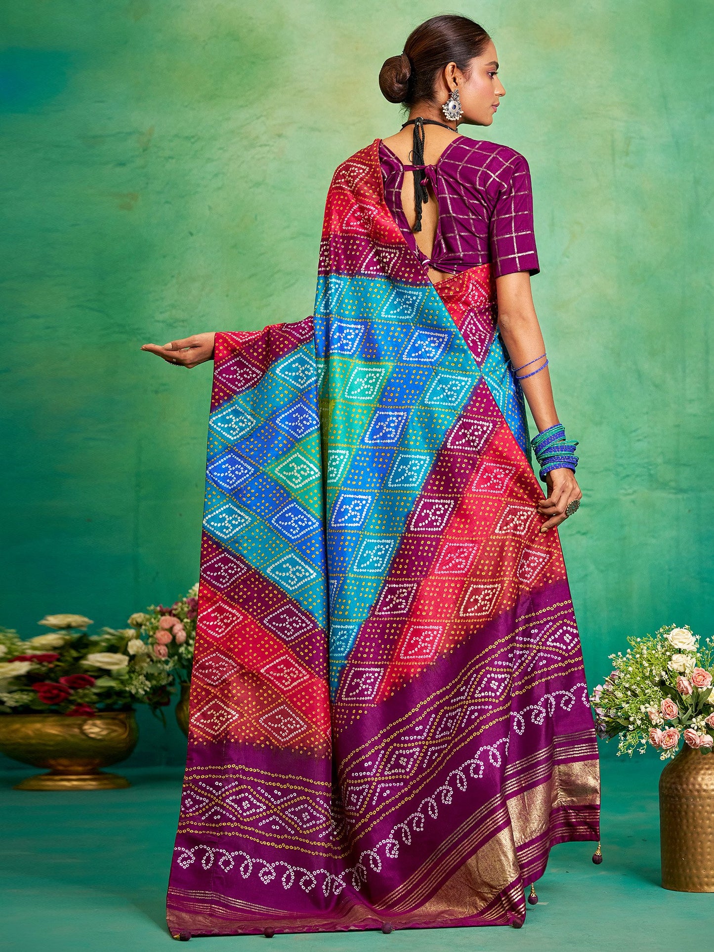 Multicolored Bandhani Tussar Silk Printed Saree