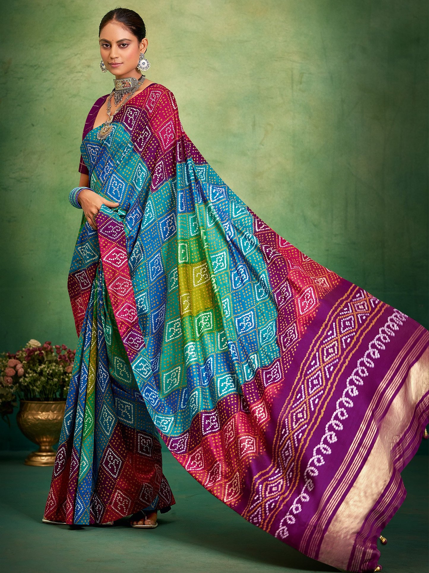 Multicolored Bandhani Tussar Silk Printed Saree