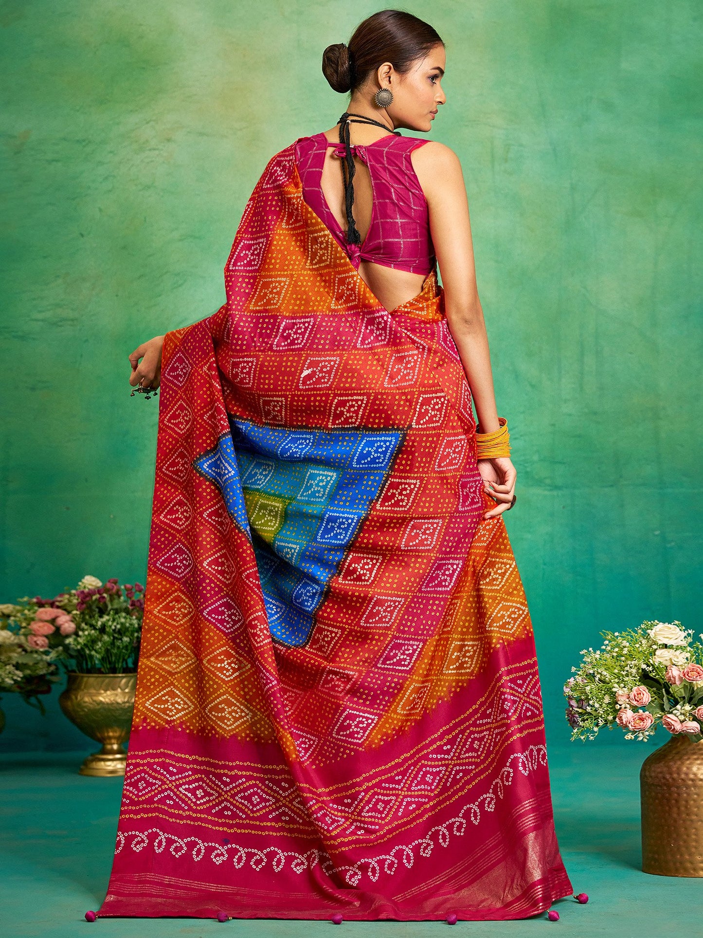 Multicolored Bandhani Tussar Silk Printed Saree