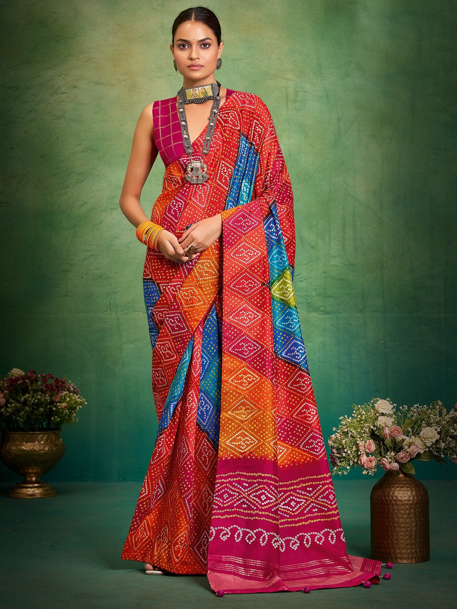 Multicolor Multicolored Bandhani Tussar Silk Printed Saree