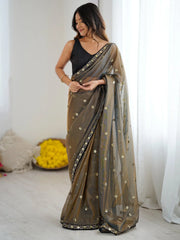 Olive Party Wear Net Embellished Saree - The Dori Store