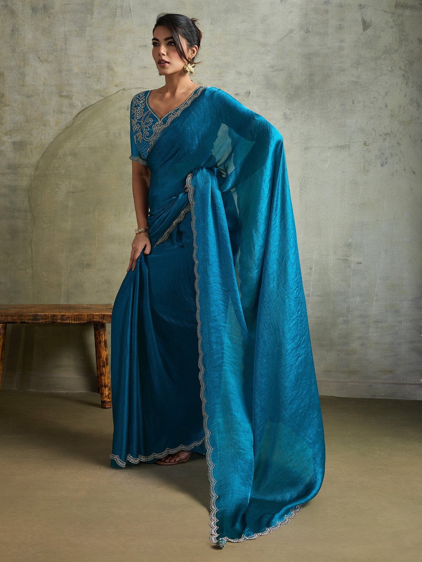 Blue Light Party Wear Chiffon Embellished Saree