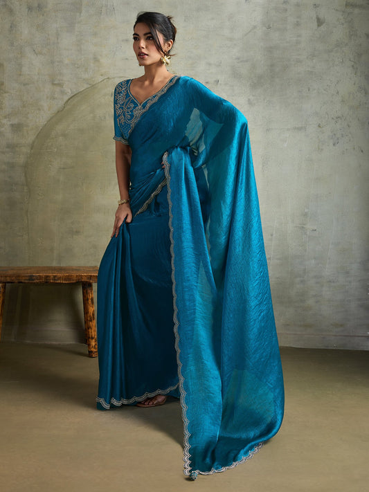Blue Light Party Wear Chiffon Embellished Saree