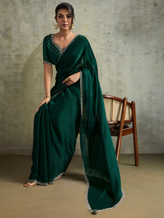 Green Green Party Wear Chiffon Embellished Saree