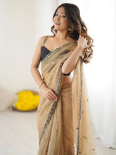 Beige Party Wear Net Embellished Saree - The Dori Store