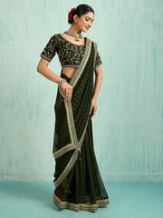 Olive Party Wear Chiffon Embellished Saree - The Dori Store