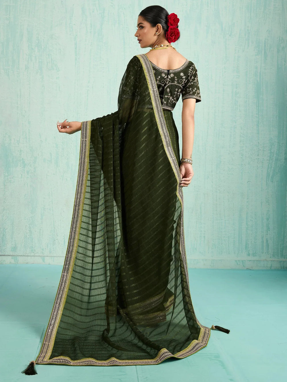 Olive Party Wear Chiffon Embellished Saree - The Dori Store