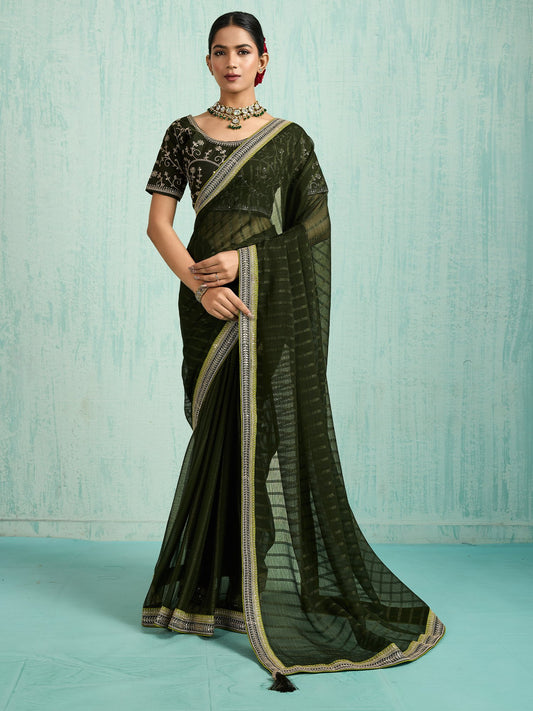 Green Olive Party Wear Chiffon Embellished Saree