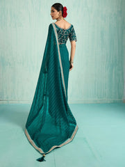 Teal Blue Party Wear Chiffon Embellished Saree - The Dori Store
