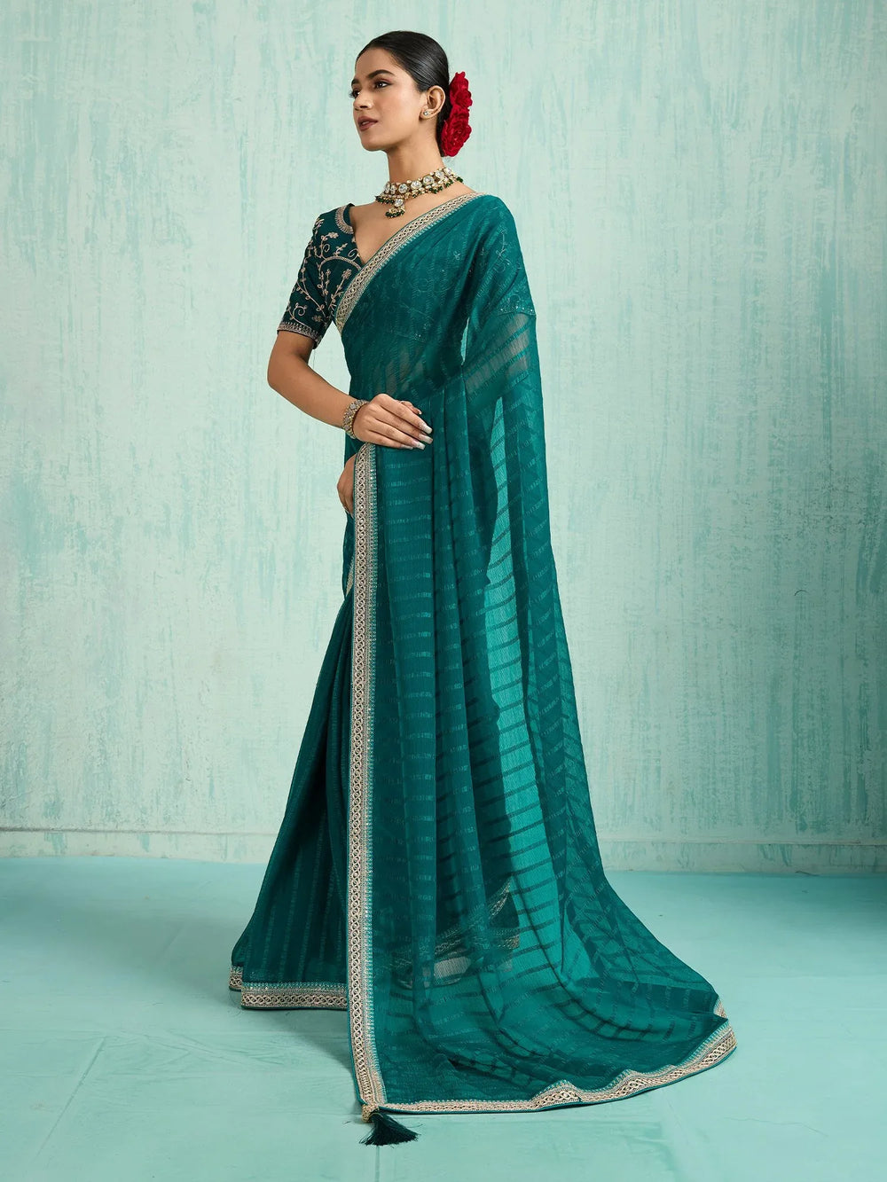 Teal Blue Party Wear Chiffon Embellished Saree - The Dori Store