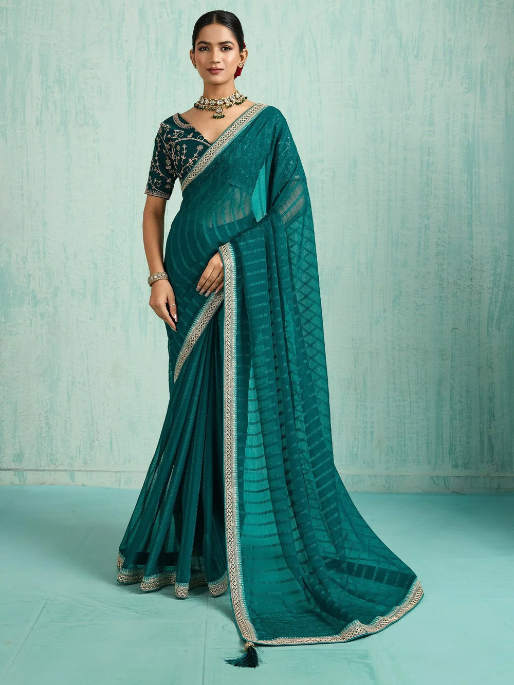 Teal Blue Party Wear Chiffon Embellished Saree - The Dori Store
