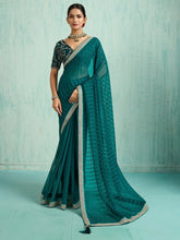 Teal Blue Party Wear Chiffon Embellished Saree - The Dori Store