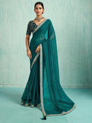 Teal Blue Party Wear Chiffon Embellished Saree - The Dori Store