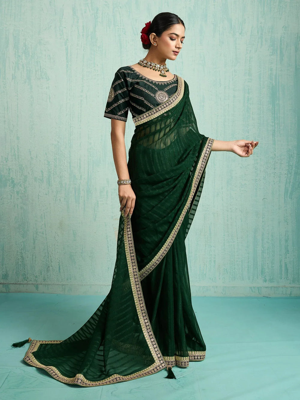 Dark Green Party Wear Chiffon Embellished Saree - The Dori Store
