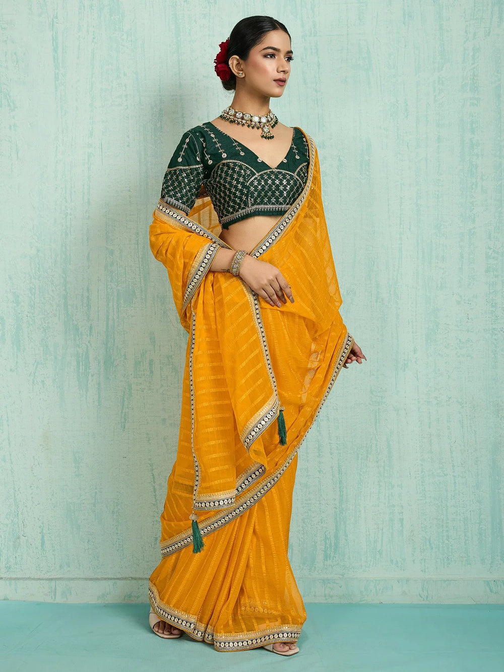 Yellow Party Wear Chiffon Embellished Saree - The Dori Store