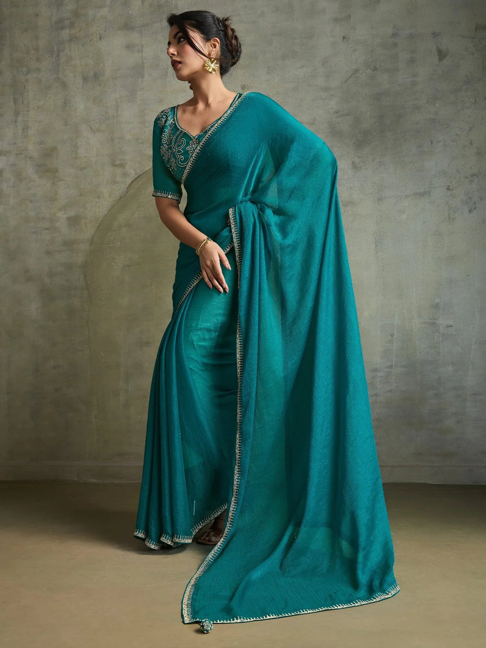 Teal Blue Party Wear Chiffon Embellished Saree - The Dori Store