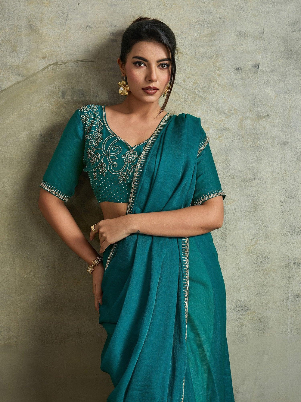 Teal Blue Party Wear Chiffon Embellished Saree - The Dori Store