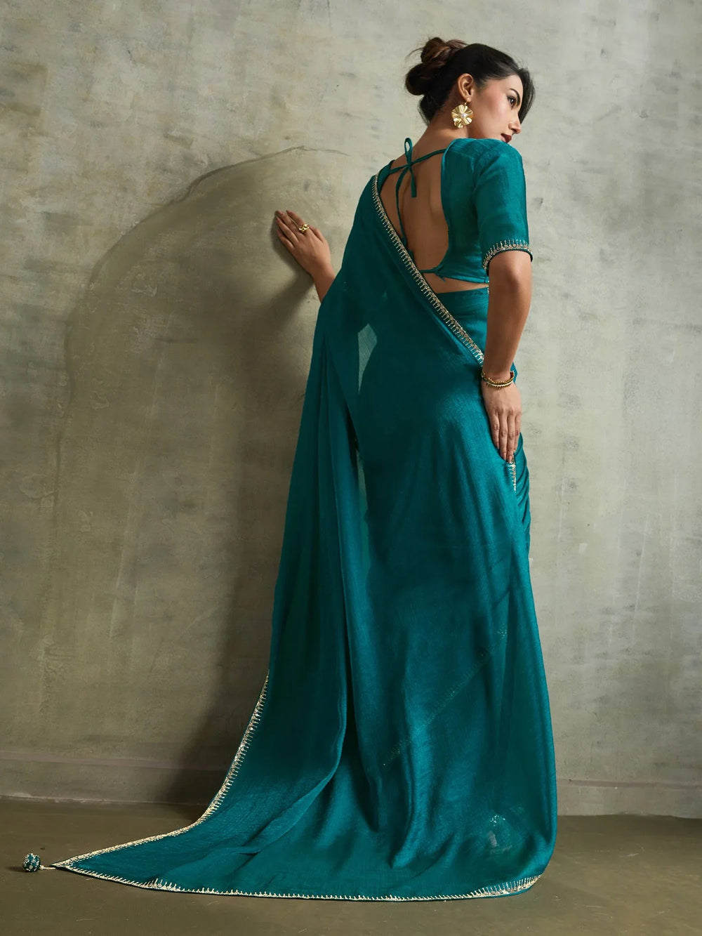 Teal Blue Party Wear Chiffon Embellished Saree - The Dori Store