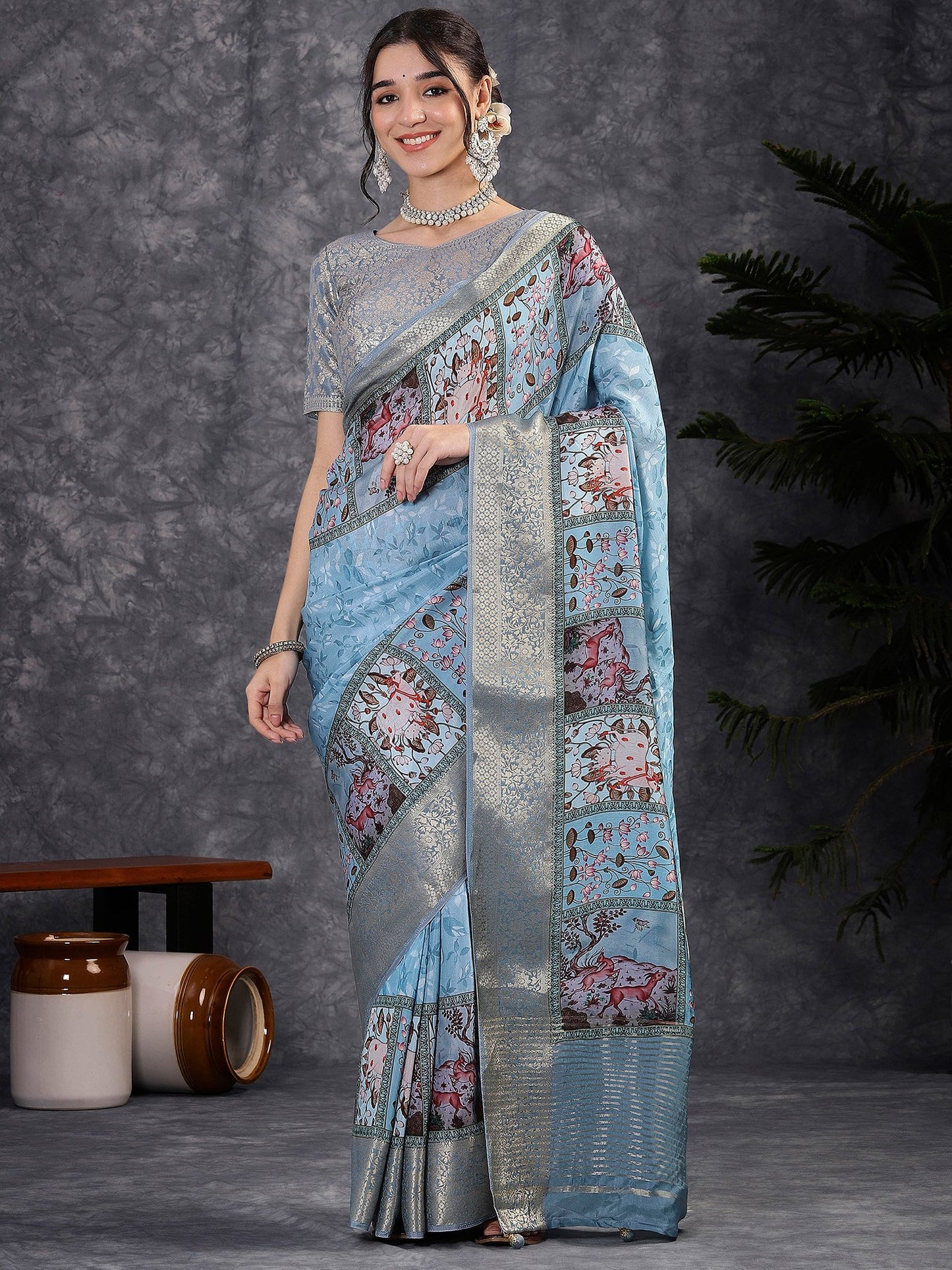 Blue Light Sungudi Viscose Digital Print Saree