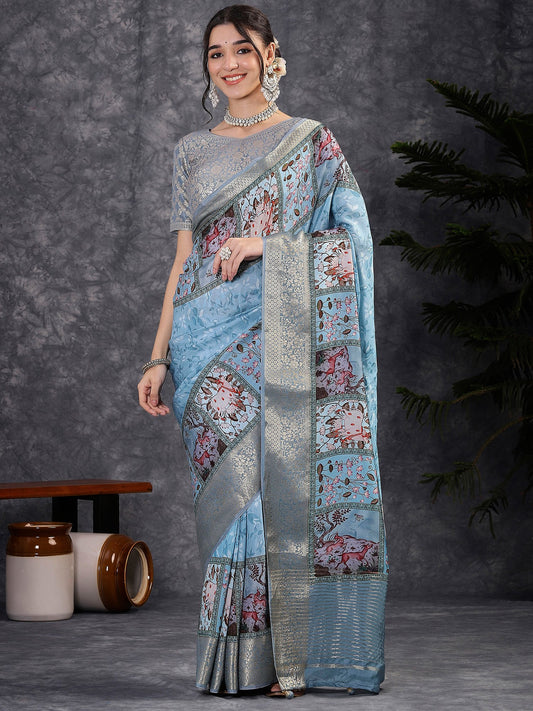 Blue Light Sungudi Viscose Digital Print Saree