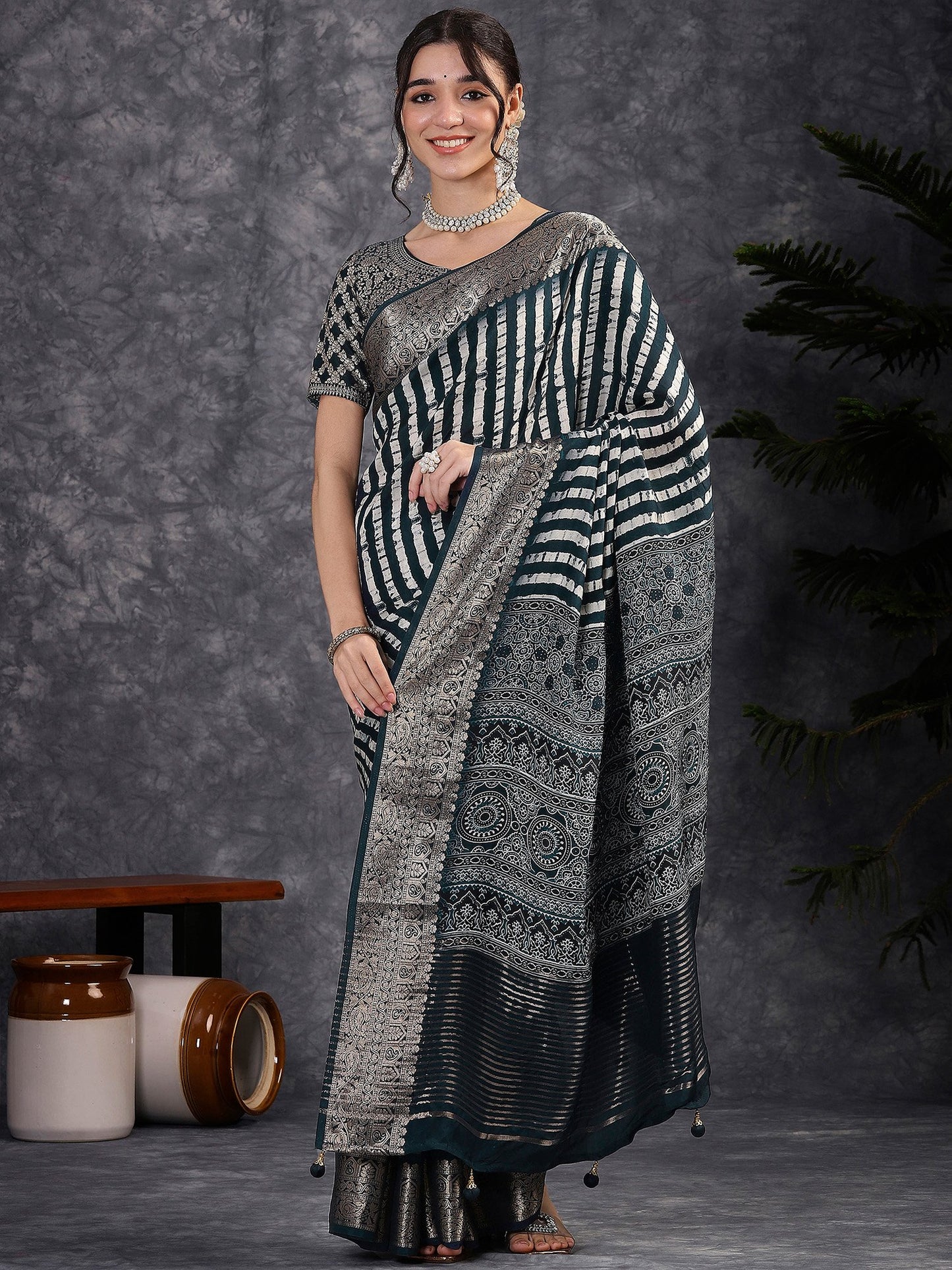 Blue Navy Sungudi Viscose Digital Print Saree