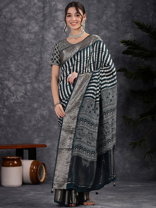 Blue Navy Sungudi Viscose Digital Print Saree