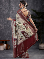 Cream Sungudi Viscose Digital Print Saree - The Dori Store