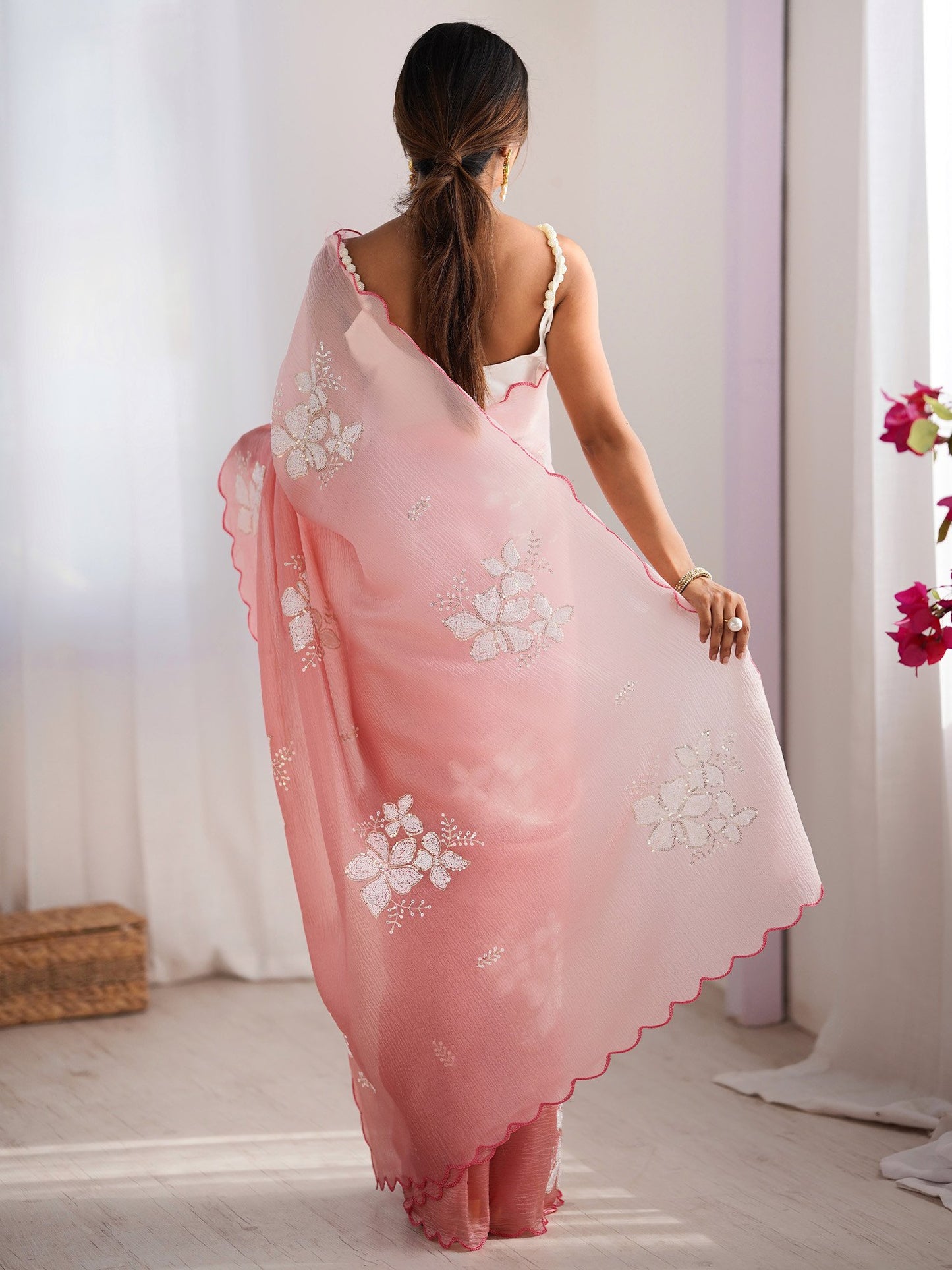 Peach Party Wear Tissue Embellished Saree