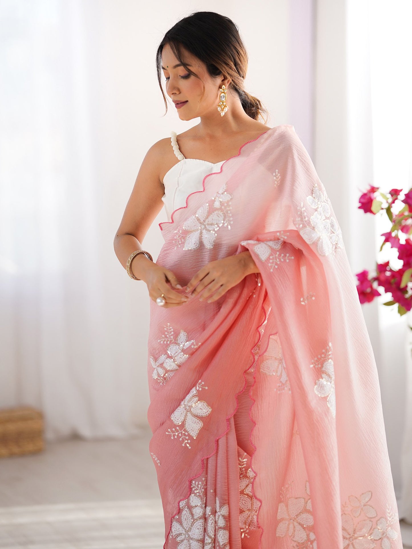 Peach Party Wear Tissue Embellished Saree