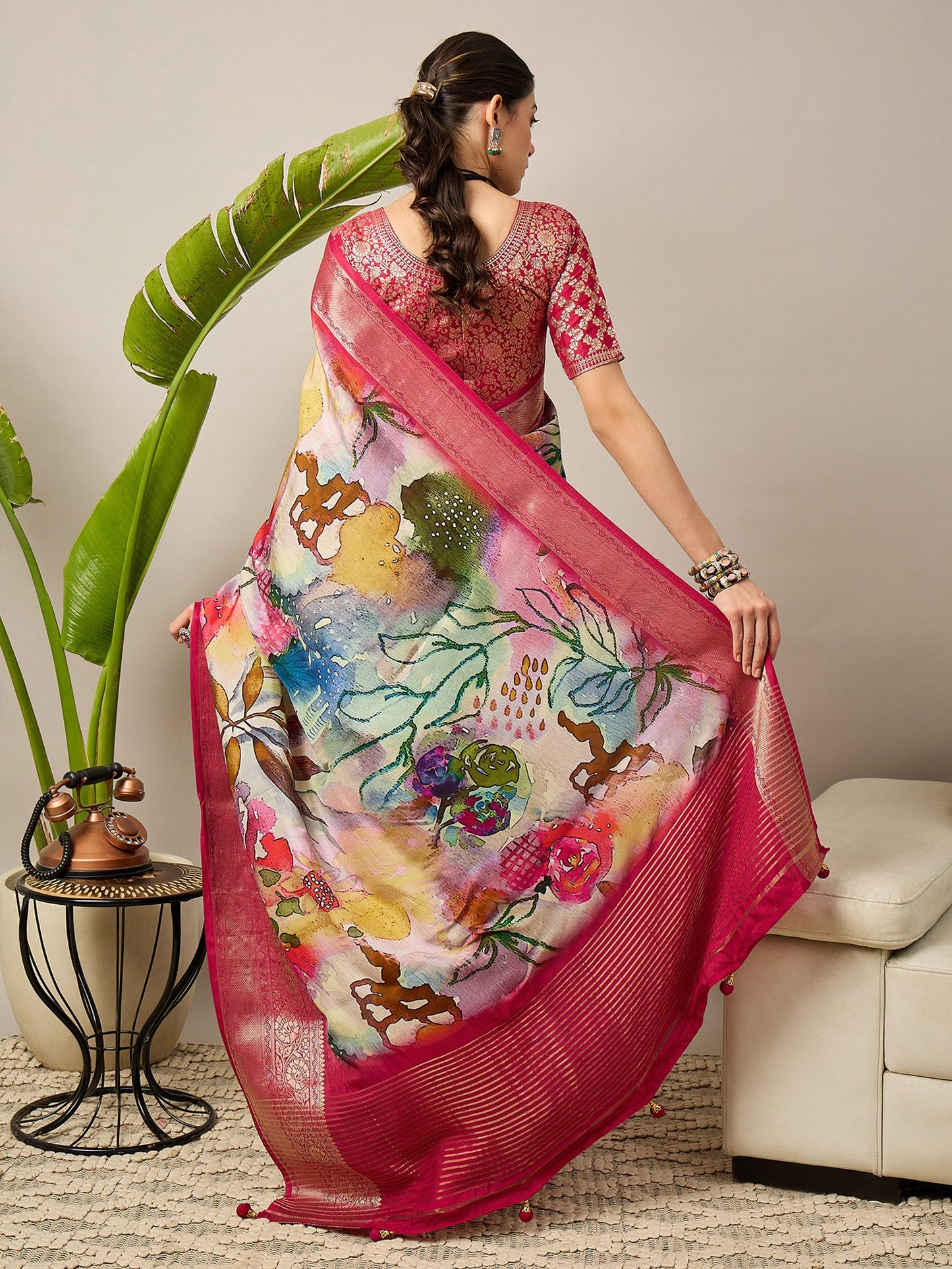 Pink Sungudi Viscose Digital Print Saree