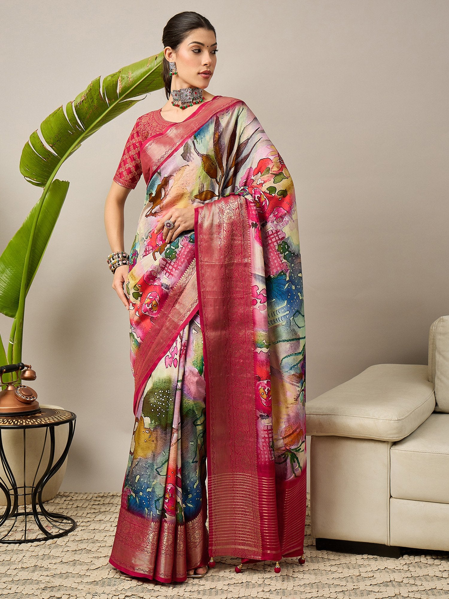 Pink Pink Sungudi Viscose Digital Print Saree