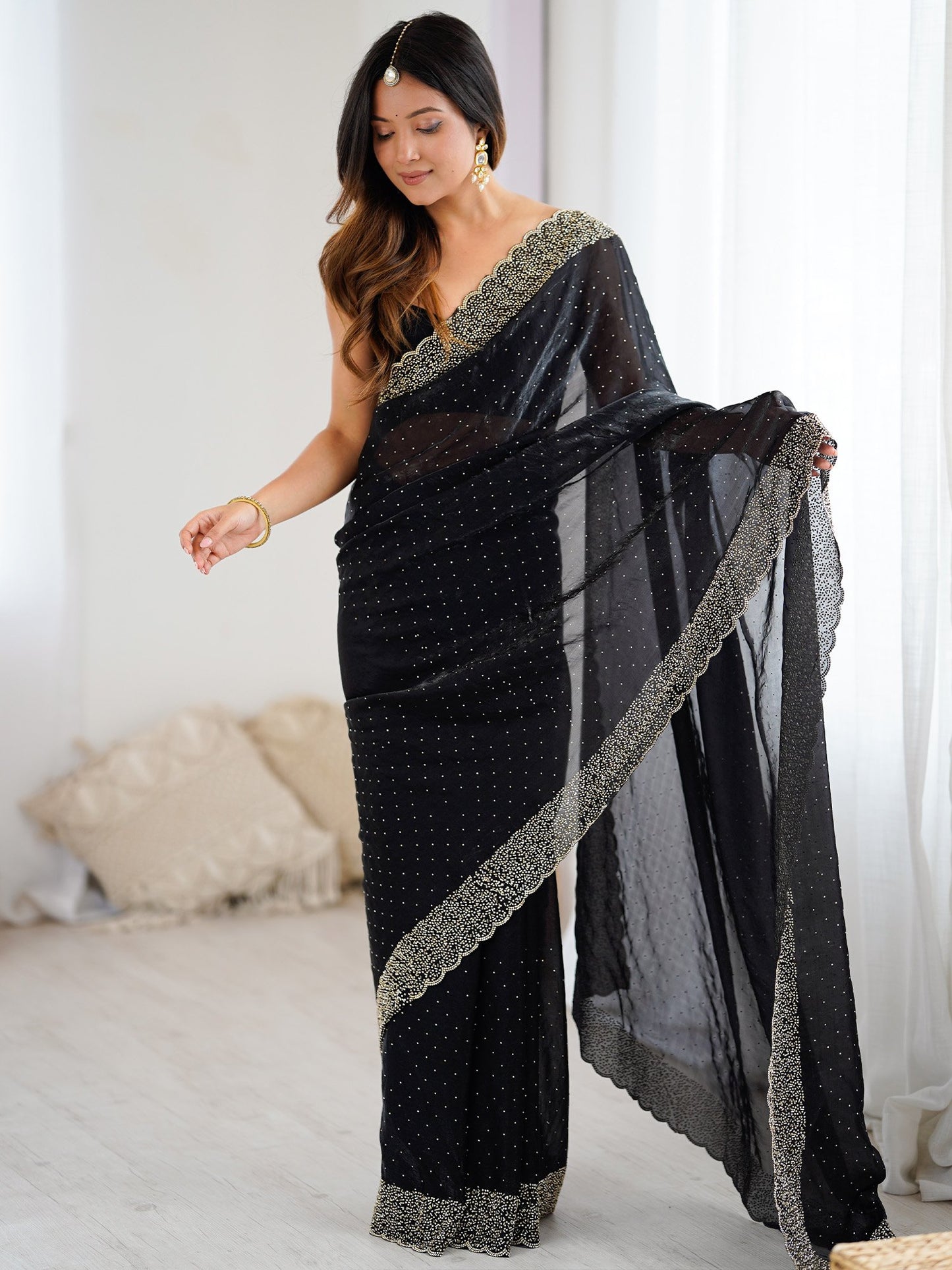 Black Party Wear Satin Embellished Saree