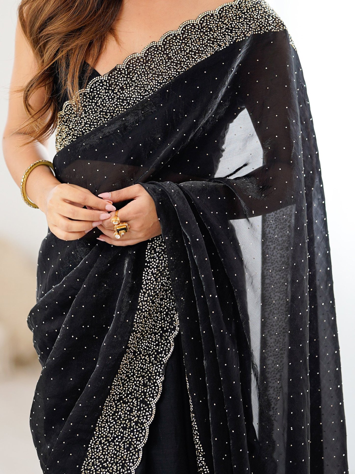 Black Party Wear Satin Embellished Saree