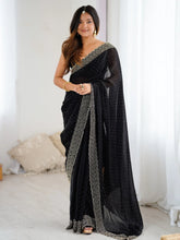 Black Party Wear Satin Embellished Saree - The Dori Store