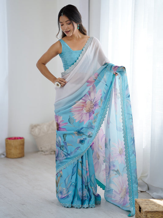 Blue Light Party Wear Georgette Printed Saree