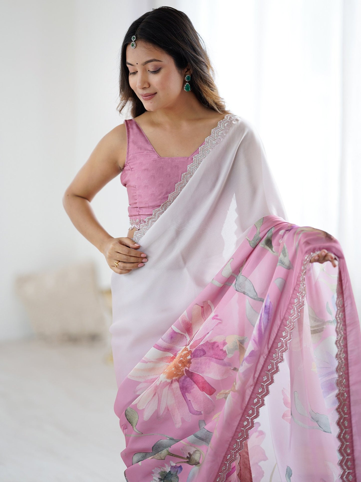 Pink Party Wear Georgette Printed Saree