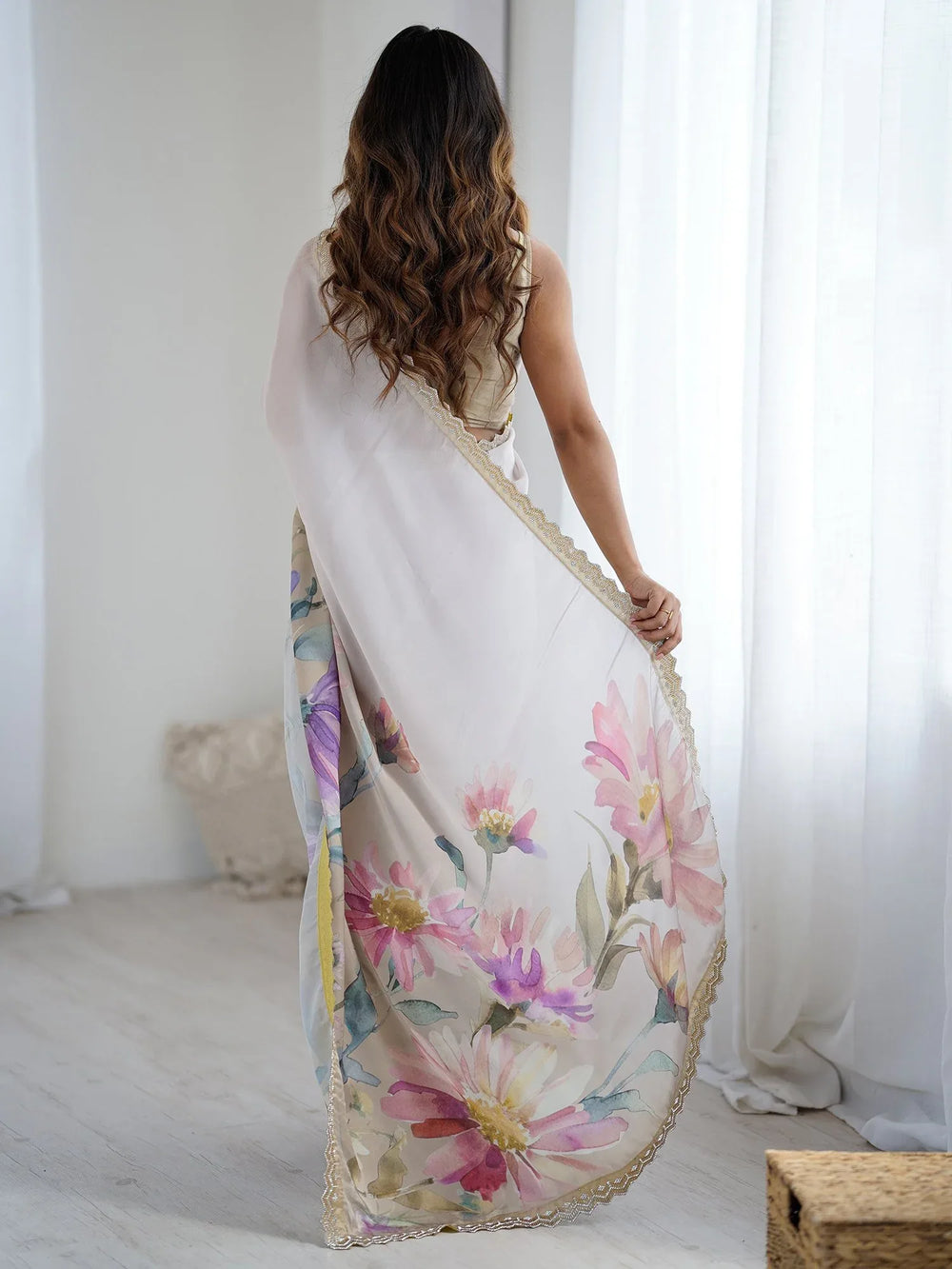 Beige Party Wear Georgette Printed Saree - The Dori Store