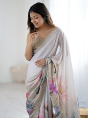 Beige Party Wear Georgette Printed Saree - The Dori Store