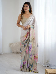 Beige Party Wear Georgette Printed Saree - The Dori Store