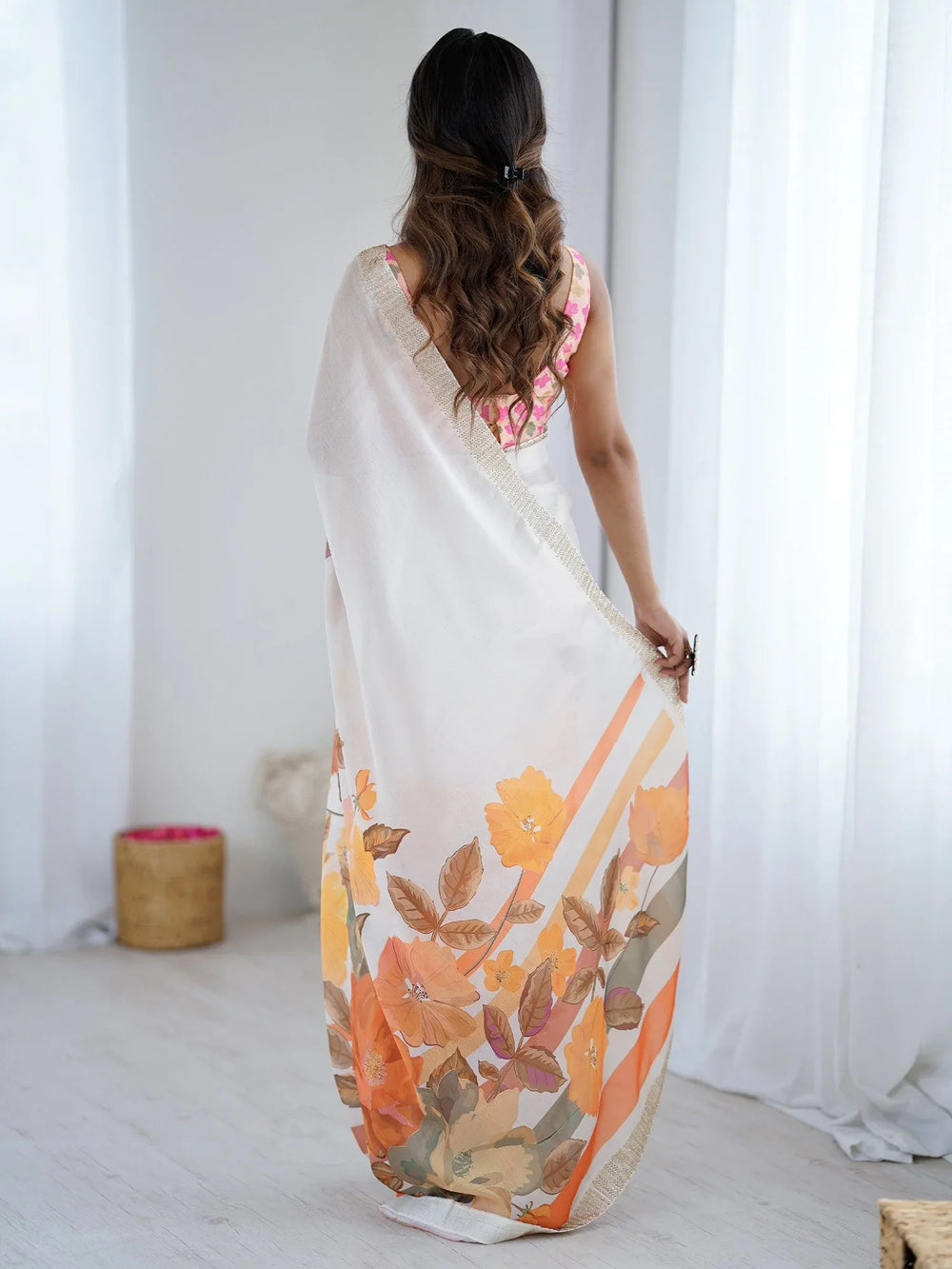 White Party Wear Chiffon Printed Saree - The Dori Store
