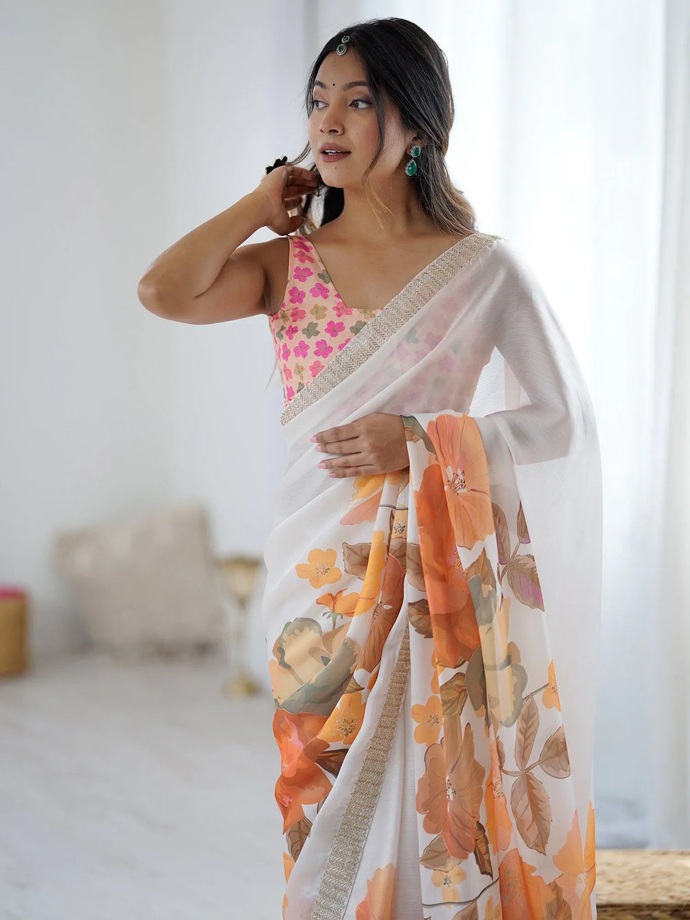 White Party Wear Chiffon Printed Saree - The Dori Store