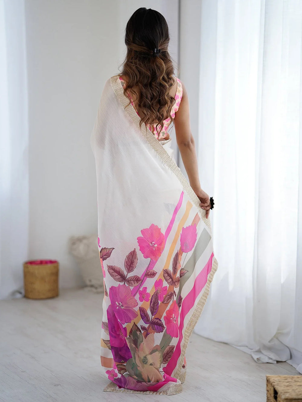 White Party Wear Chiffon Printed Saree - The Dori Store