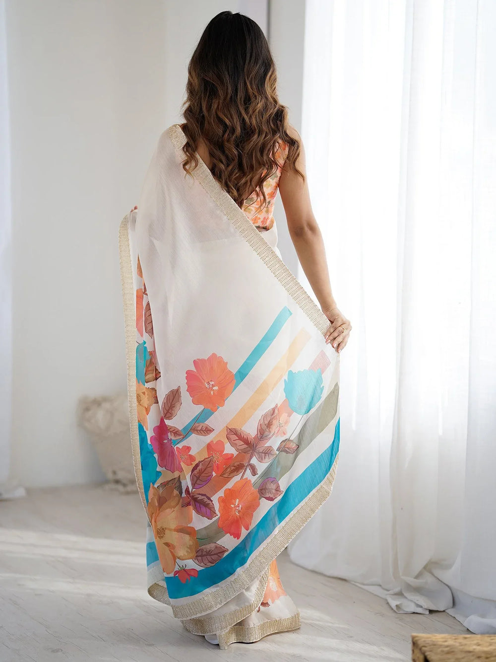 White Party Wear Chiffon Printed Saree - The Dori Store
